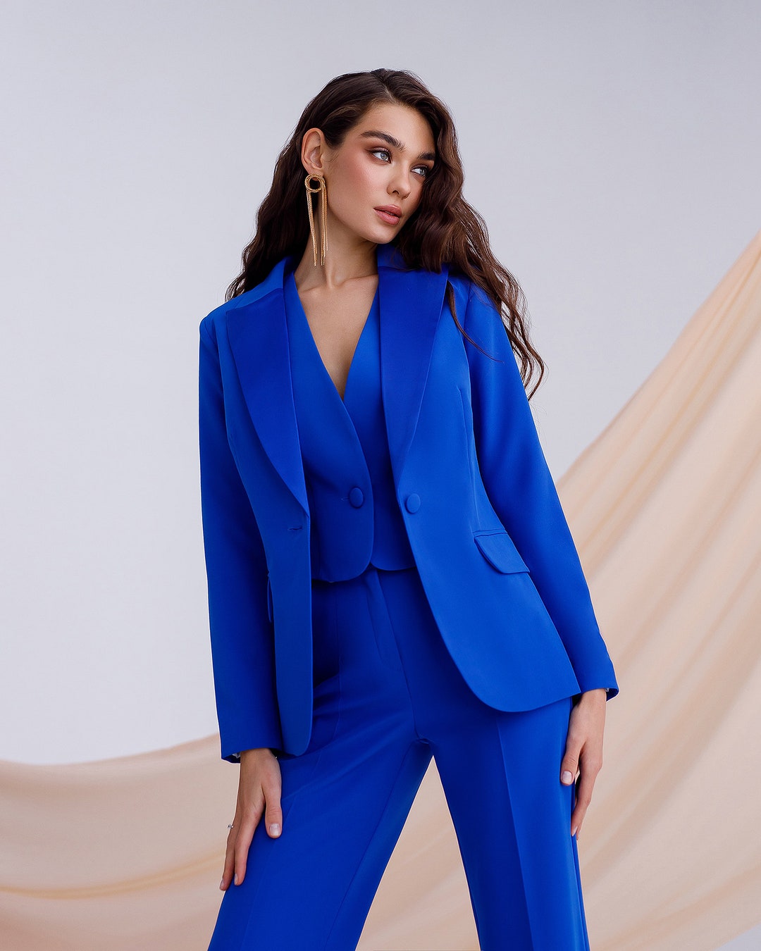 Royal Blue Formal Pantsuit for Women With Satin Lapel Collar Blazer ...