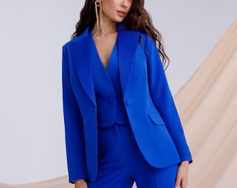 Royal Blue Formal Pantsuit for Women With Satin Lapel Collar Blazer, Straight Pants and Vest, Blue Business Casual Blazer Trouser Suit