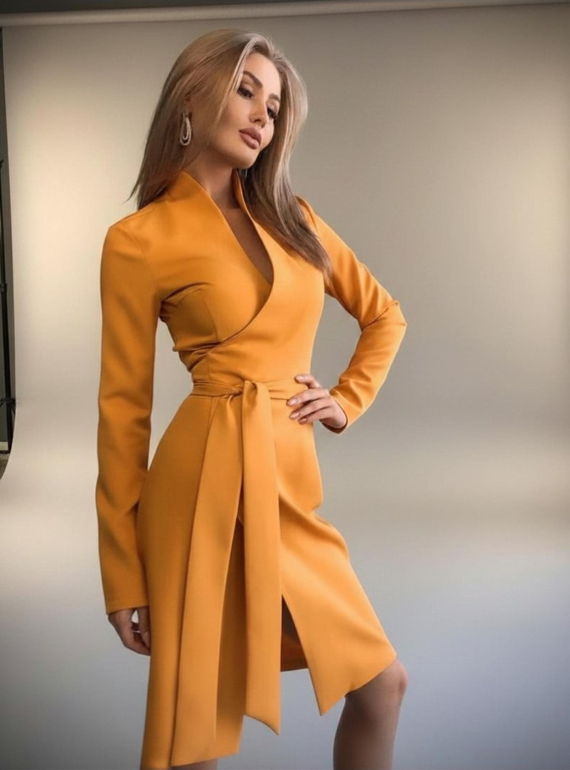 mustard yellow long sleeve dress Mustard Yellow Wrap Short Dress with Long Sleeves