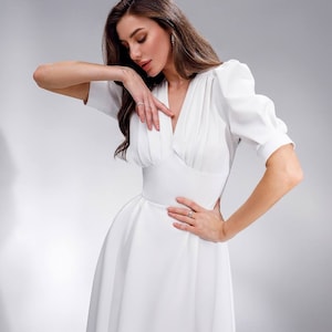 White Midi Dress With Short Voluminous Sleeves, White Summer Modest Midi Dress for Women, Modest Elopement Dress, Summer Civil Wedding Dress