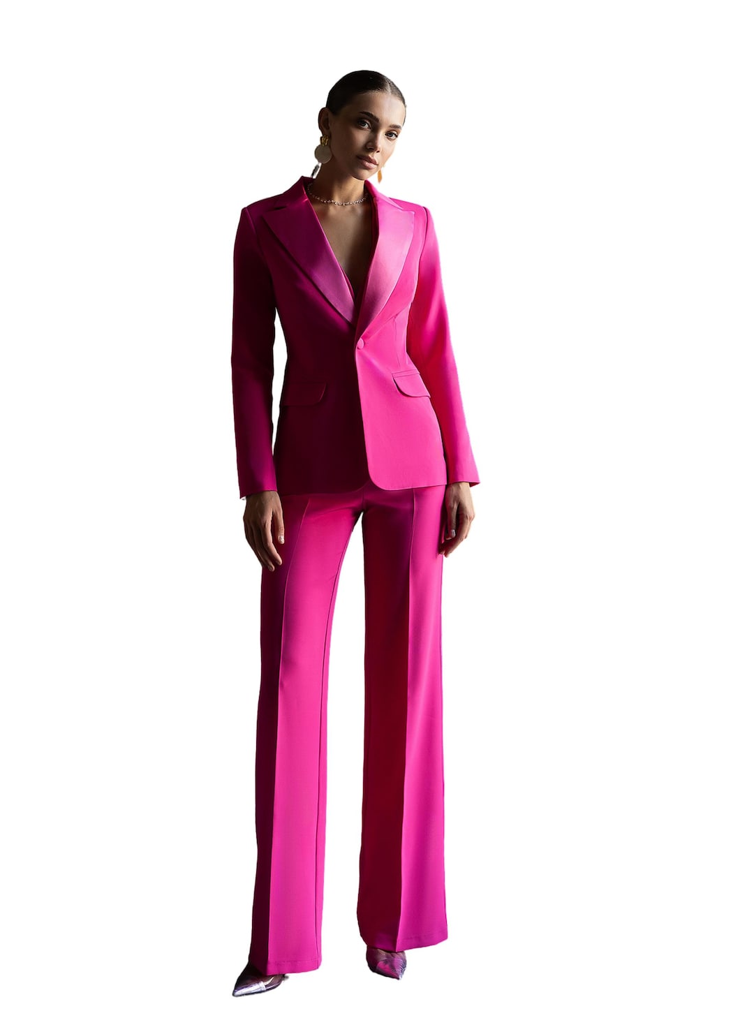 Hot Pink Three-piece Pantsuit With Satin Lapel Blazer, Vest, and ...
