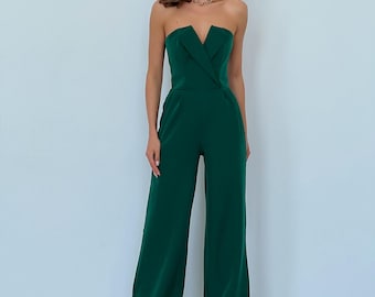 Emerald Green Corset Jumpsuit: Sleeveless Wide Leg - Wedding Guest Outfit