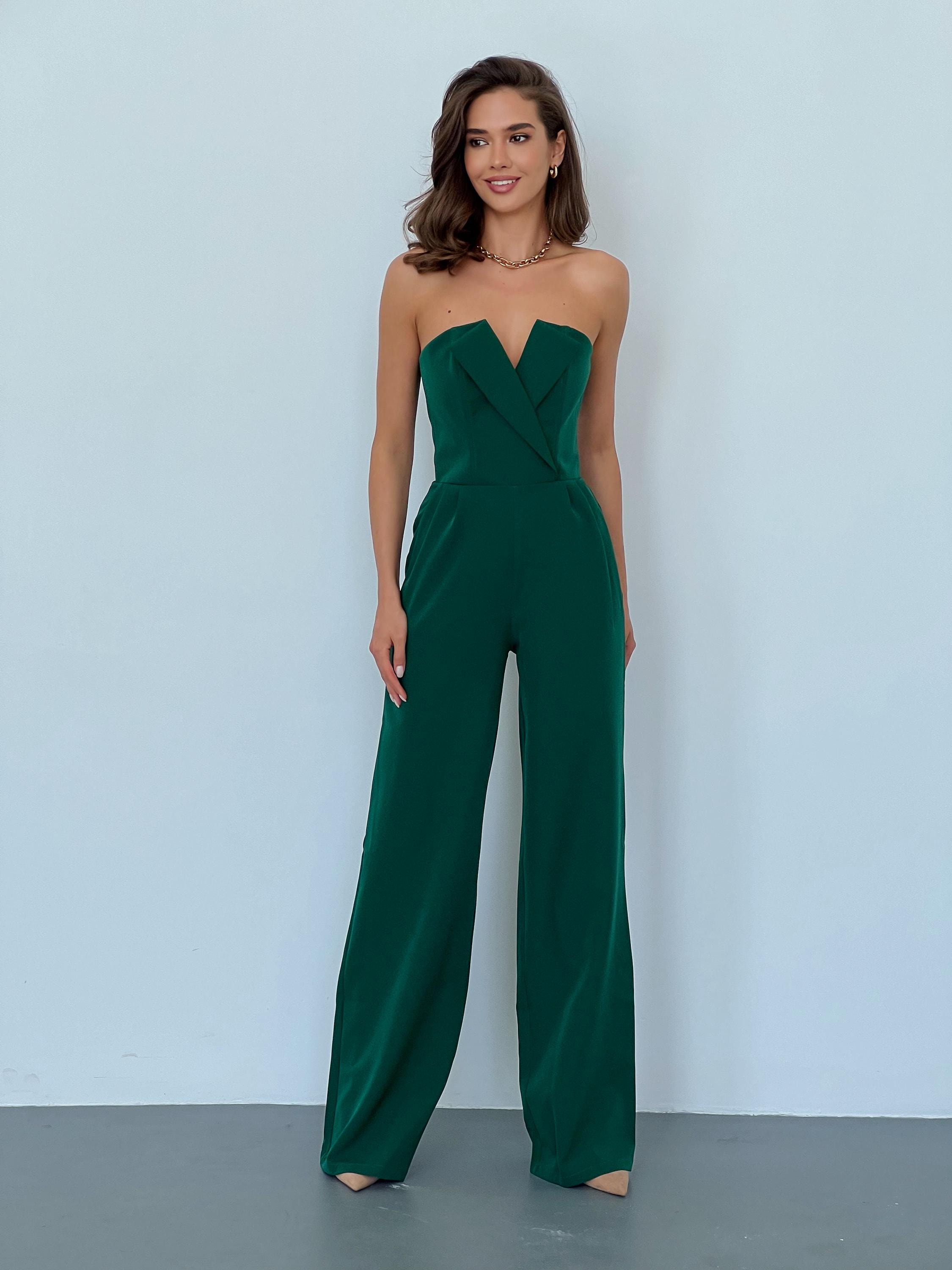 One Shoulder Jumpsuit Emerald Green Silk Jumpsuit Emerald Green Corset  Jumpsuit: Sleeveless Wide Leg Wedding Guest
