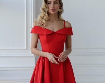Rotes Sommer Mini Kleid, Mini Kleid mit off-the-Schulter kurzen Ärmeln, Rotes Sommer Hochzeit Gast Kleid Mini