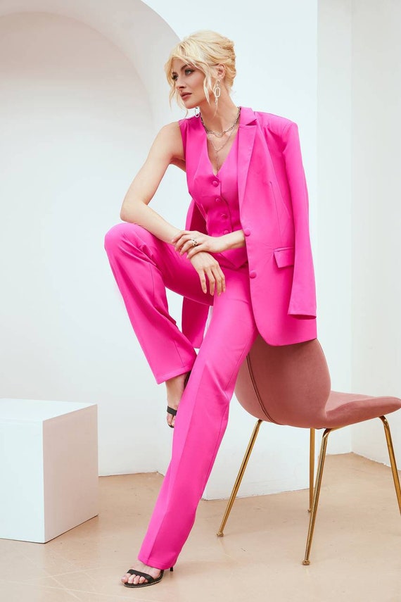 Hot Pink Hosenanzug für Frauen, Business-Frauen-Anzug mit Weste, rosa  formaler 3-teiliger Anzug Frauen, Womens Office Wear Blazer Hosenanzug -  .de