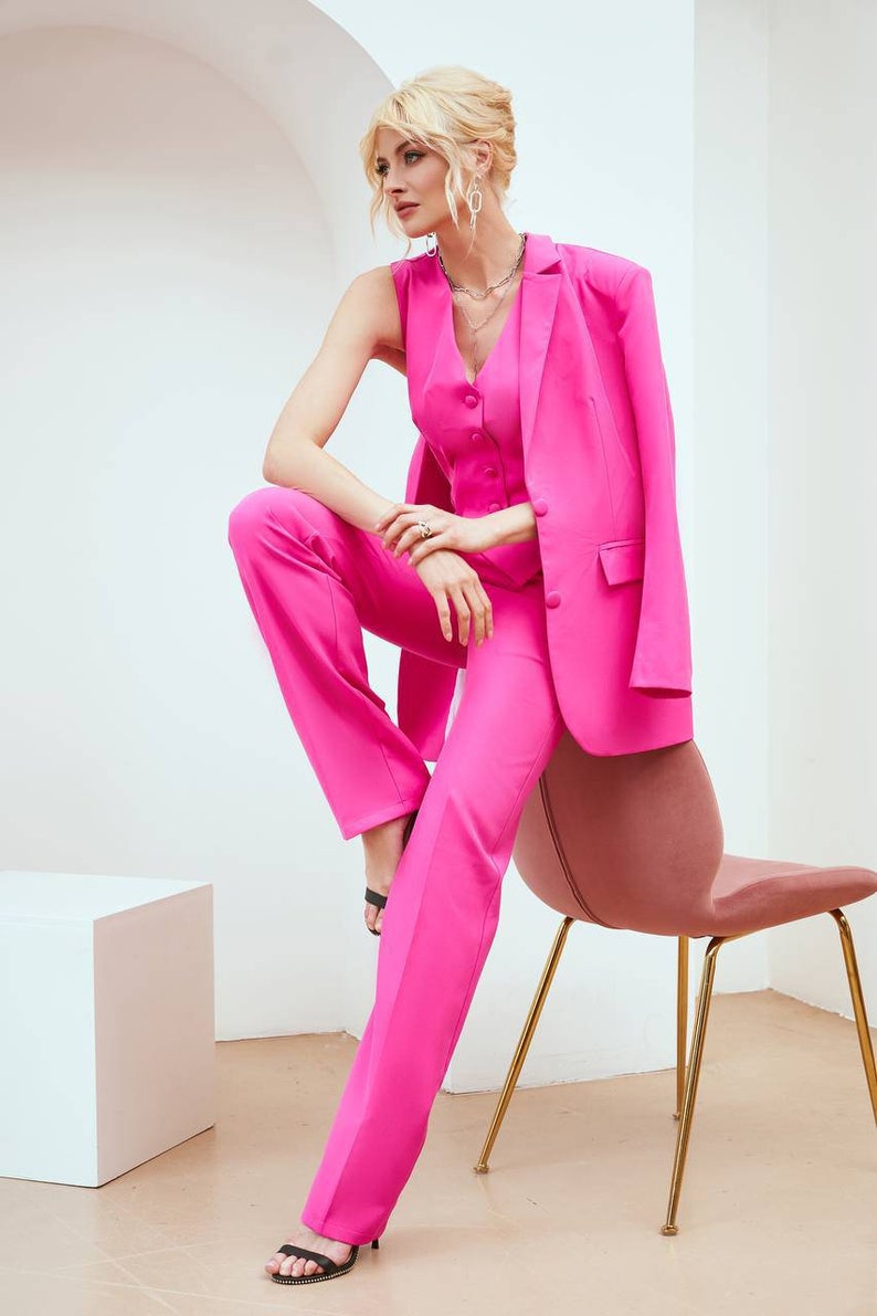 Hot Pink Pantsuit for Women Business Women Suit With Vest Etsy