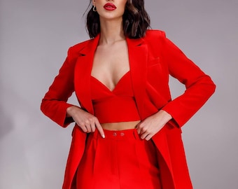 Red Formal Pantsuit for Women, Tall Women Pants Suit With Blazer and Crop top, Red 3-piece pantsuit female