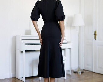 ankle length black dress with puff sleeves Black Crepe Sheath Elegant Black evening dresses with Slit/Removable Sleeves