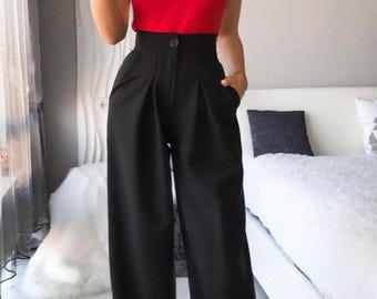 Black High Waist Trousers for Women, Business Casual Trousers for Women, Office Palazzo Pants for Tall Women, Classic Palazzo Pants