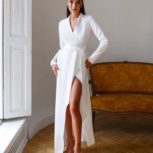 Wrap Boho Dress Women White Maxi Dress 3/4 Sleeve Organic Clothing
