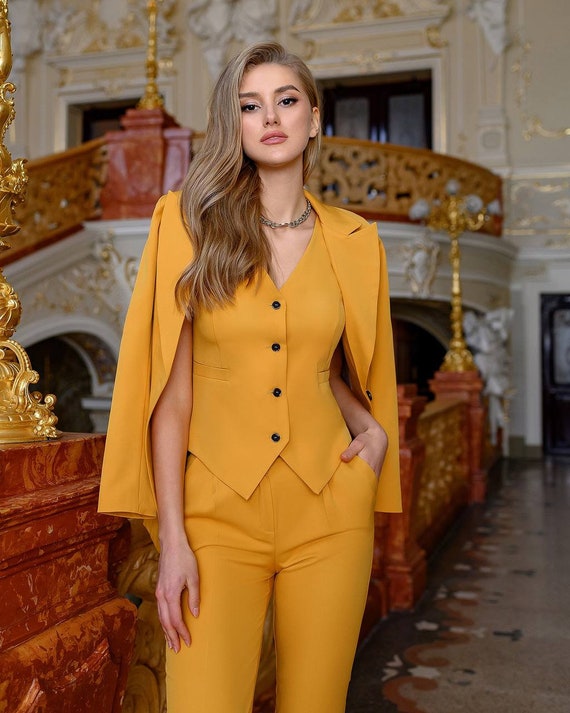 Yellow Women Suits Set Double Breasted Plus Size Wedding Tuxedos Formal  Wear | eBay