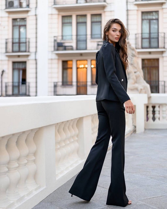 Black Bell Bottom Pants Suit Set With Blazer, Puffed Sleeve Blazer