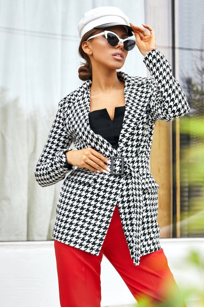 Houndstooth Jacket for Women, Houndstooth Wool Blazer With Belt, Notch  Collar Blazer, Black and White Blazer With Belt, Womens Wool Blazer 