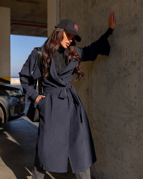 Navy Blue Trench Coat Women Cotton Trench Coat Belted Trench 