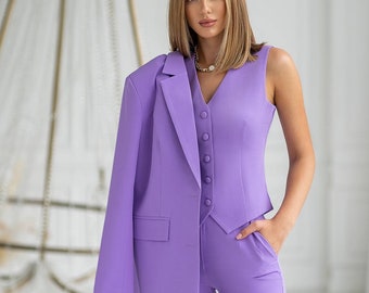 Traje de pantalón formal lavanda para mujer, traje de mujer de negocios con chaleco, conjunto de traje formal de 3 piezas para mujer, traje de pantalón de chaqueta de oficina para mujer