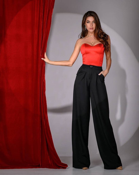 Black High Waist Trousers, Wide Leg Pants, Red Wide Leg Pants, Palazzo  Pants for Women, Office Pants Women, Elegant Pant, High Rise Pants 