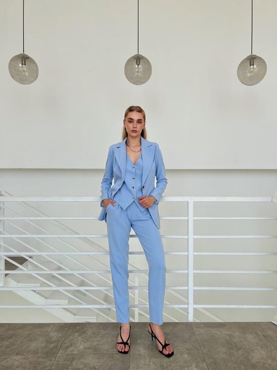 Light Blue Womens Blazer Suit, 3-piece Womens Pantsuit Set, Blue