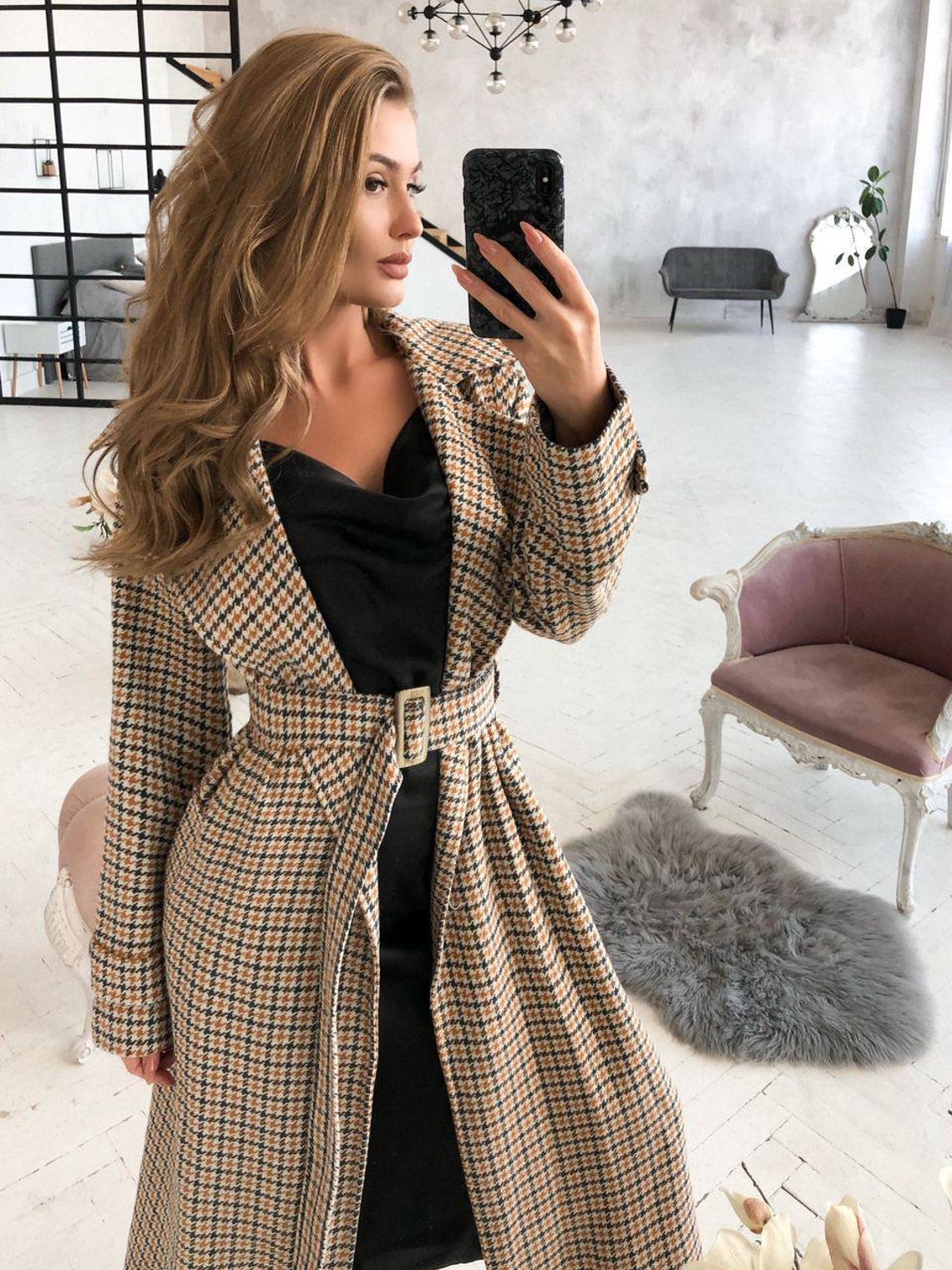 Houndstooth Womens Coat Long Wool Coat Belted Wool Coat for Etsy