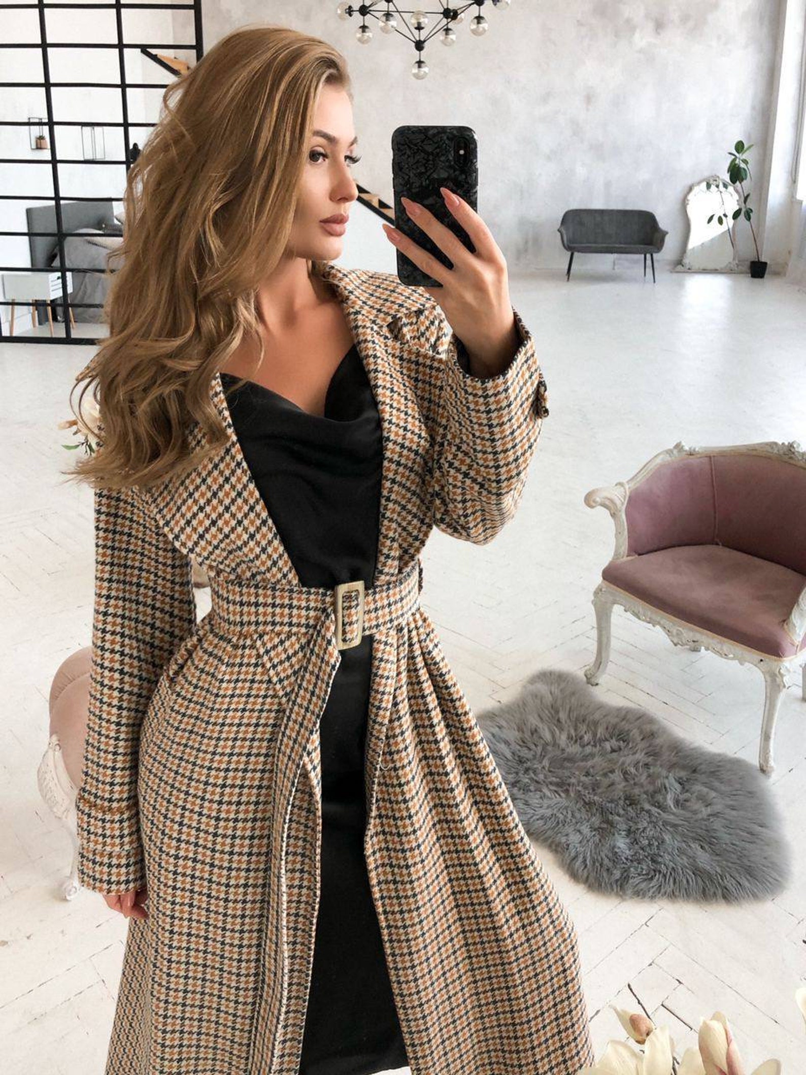 Houndstooth Womens Coat Long Wool Coat Belted Wool Coat for Etsy