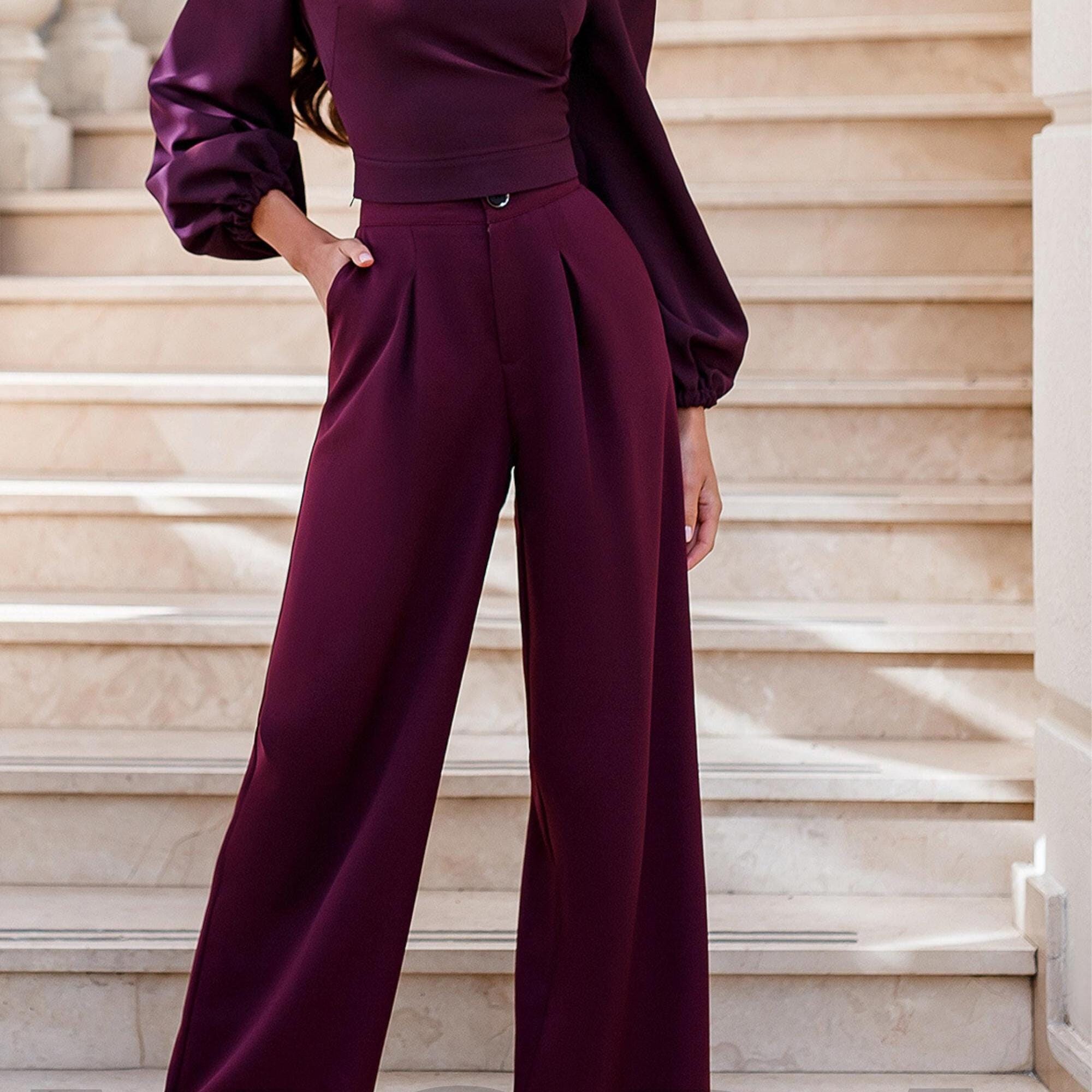 Burgundy High Waist Trousers, Wide Leg Pants, Wide Leg Pants, Palazzo Pants for Women, office pants women, Elegant Pant, High Rise Pants