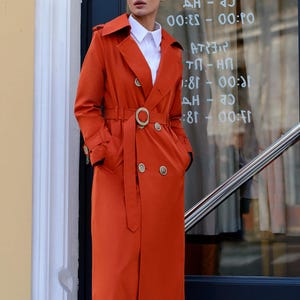 Orange Trenchcoat for Women, Long Trench Coat, Cotton Rain Coat, Belted Double-Breasted Coat for women, Spring Coat for Women, Orange Coat