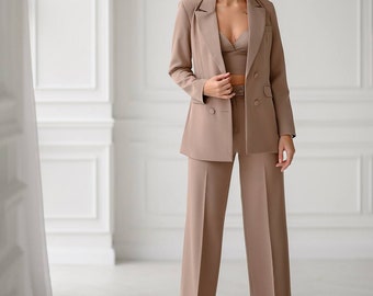 Beige mocco Blazer Trouser Suit for Women, Dark beige Pantsuit For Women, 3-piece pantsuit for women, Wedding Guest suit for women