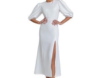 Modest Elopement Dress, Summer Civil Wedding Dress, White Midi Dress with  Half Sleeves and high Leg Slit, Special Occasion Dress