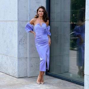 Lavender Satin Puff Sleeve Midi Dress with Sweetheart Neckline, Perfect for Graduation, Birthday Party, Prom or Special Occasions