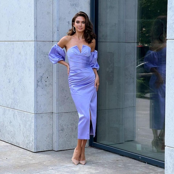 Lavender Satin Midi Dress, Puff Sleeves, Sweetheart Neckline