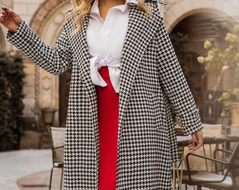 Black and White Houndstooth Wrap Coat with belt for women Spring/Fall