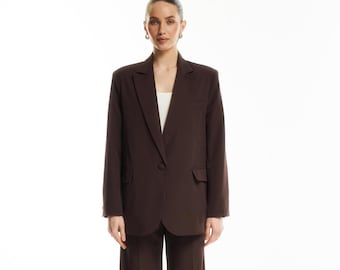 Chocolate Brown Blazer and Wide Leg Pants Set, Cotton Two Piece Suit for Women