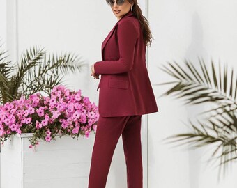 Burgundy Womens Blazer Suit, Office Women 3 Piece Suit With Slim