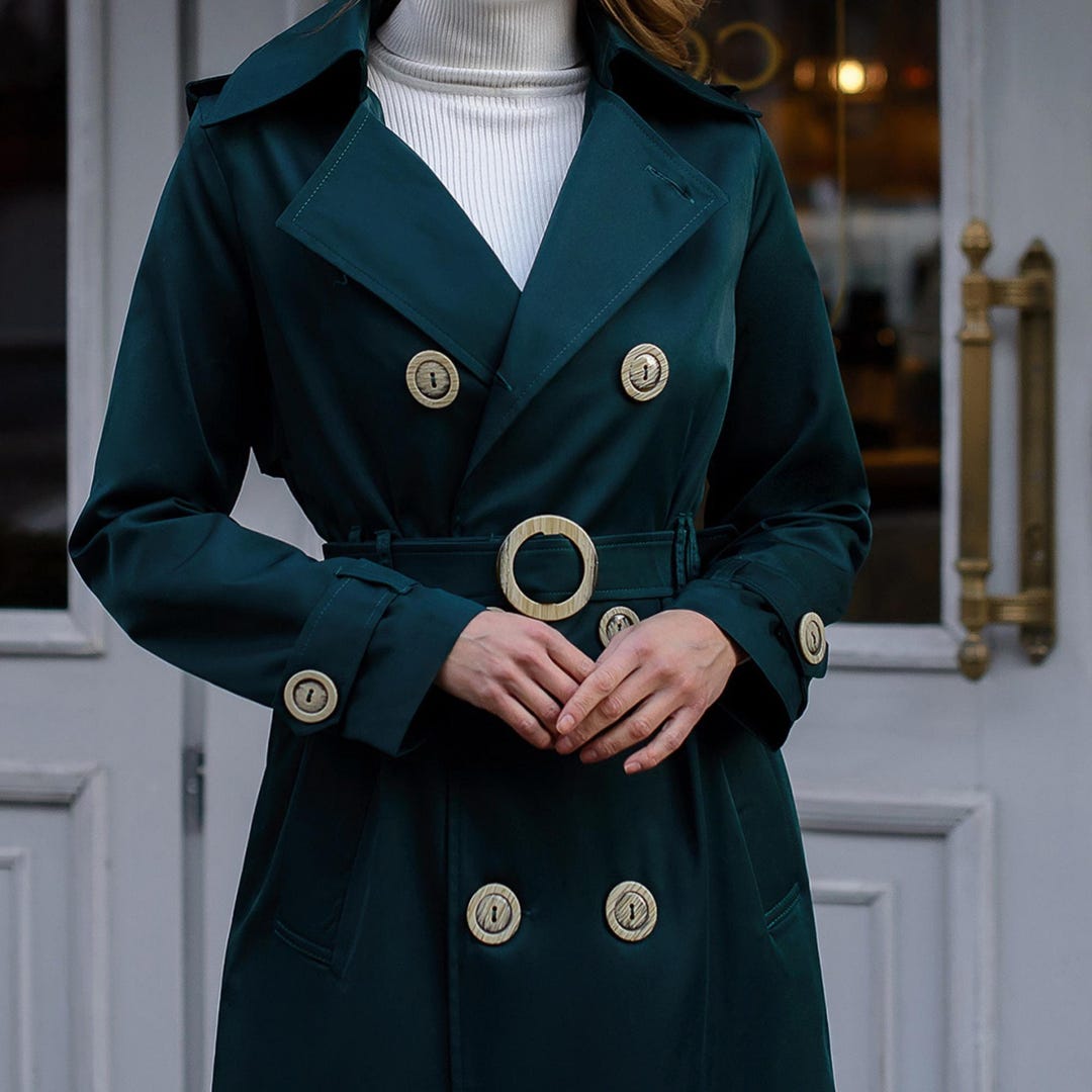 レディース用カーキグリーンコート、ロングトレンチコート、コットン