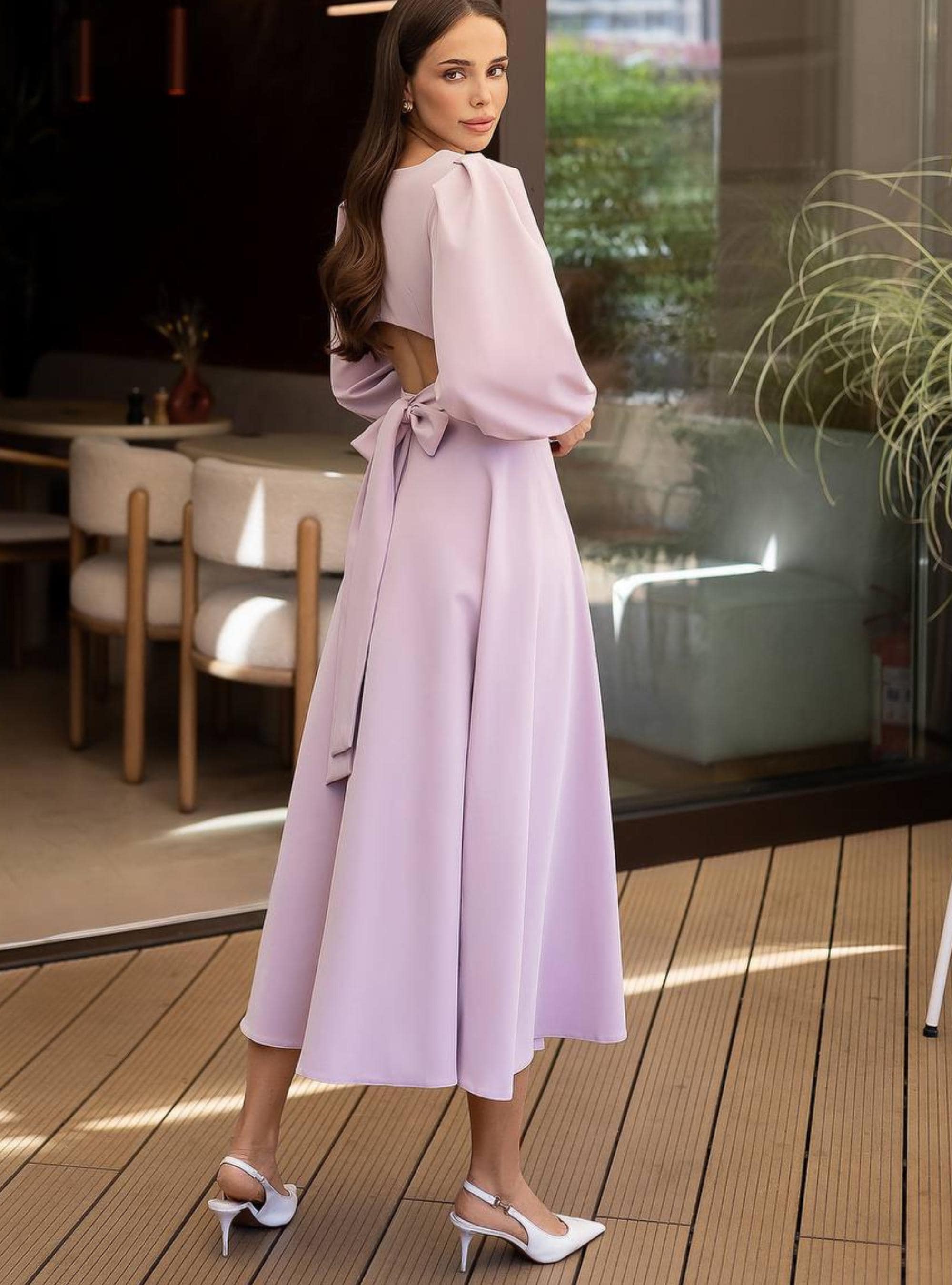 mauve midi dress with sleeves Mauve Long Sleeve Round Neck Midi Dress