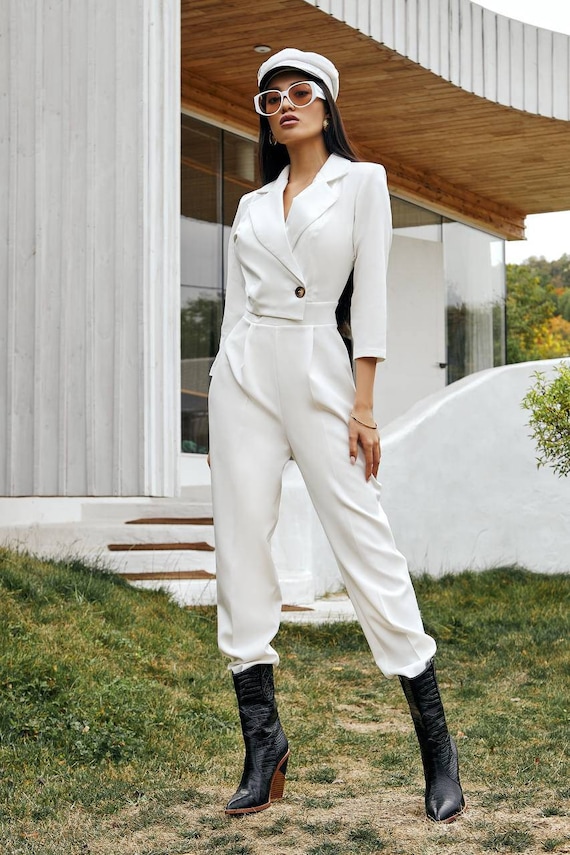 Mono formal blanco para mujer, mono blanco nupcial, una pieza de mujer para  recepción de boda, traje de cumpleaños, mono con mangas largas -  México