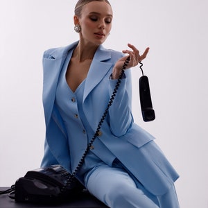 Light Blue Womens Blazer Suit, Office Women 3 piece Suit with Slim Fit Pants, Buttoned Vest and Classy Blazer, Office Wear for Women