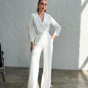 Witte formele jumpsuit dames, witte bruidsjumpsuit, damesromper voor huwelijksreceptie, verjaardagsoutfit, jumpsuit met lange mouwen
