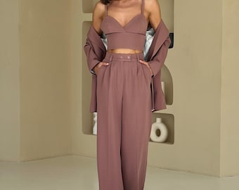 Mocha 3-piece Pantsuit for Women, Wide Leg and tall fit, Wedding guest outfit
