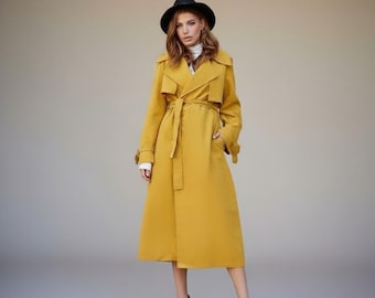 Cotton Double-Breasted Trench Coat, Belted Women's Jacket