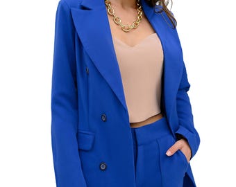 Blue Blazer Trouser Suit, Women's Slim Fit Formal Wear