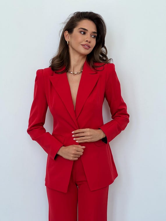 Red Formal Pantsuit for Tall Women, Red Pants Suit for Office, Business Suit Womens, Red Blazer Trouser Suit for Women