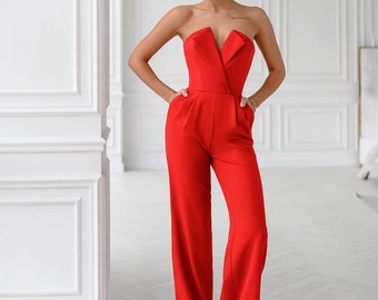 Red Formal Jumpsuit Womens, Women Onepiece for Wedding Reception, Birthday Outfit, Sleeveless Jumpsuit with Corset, Red Formal romper women