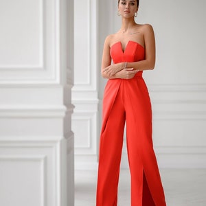 Red wide leg Jumpsuit for Women, red Corseted jumpsuit for special occasions, Wedding Guest Jumpsuit, Women's Formal Romper with Wide legs