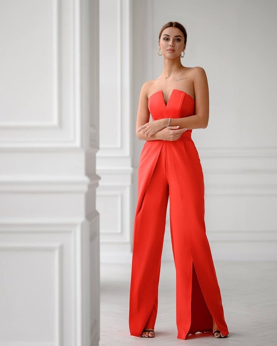 Mono rojo de pierna ancha para mujer, mono rojo con corsé para ocasiones  especiales, mono invitada a la boda, mono formal para mujer -  México