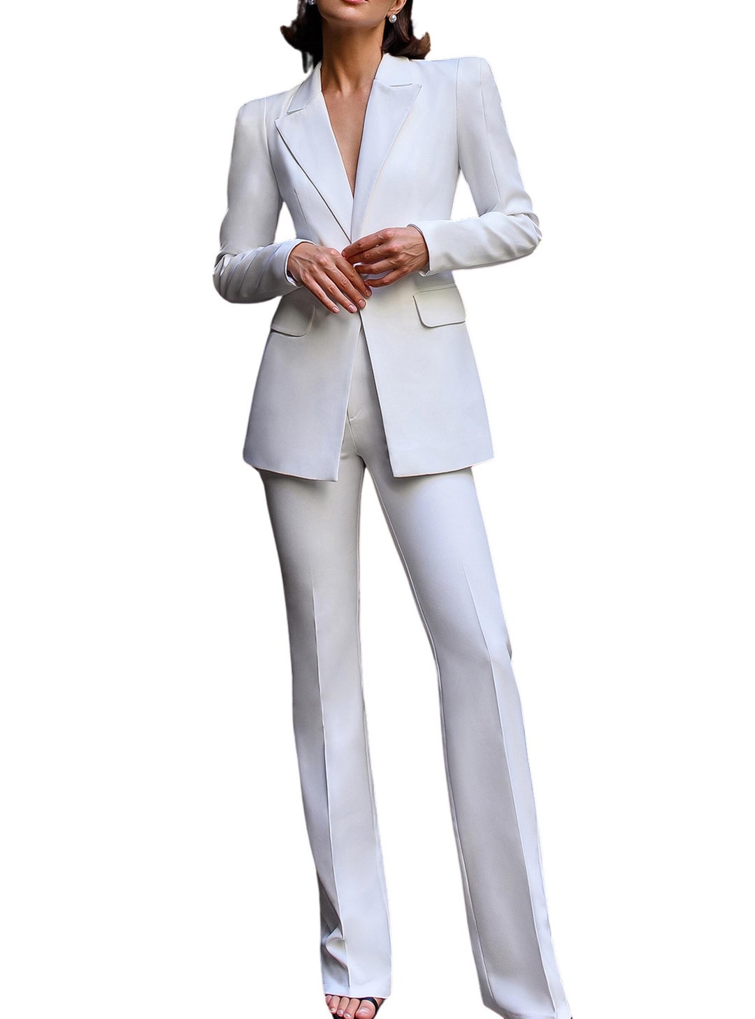 Women White Single breasted Stretch Formal Pant Suit