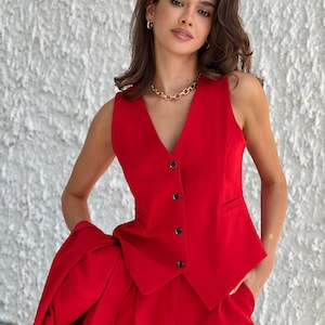Red Office Women 3 piece Suit with Slim Fit Pants, Buttoned Vest and Single-Breasted Blazer, Womens Office Wear, Red Pants Suit