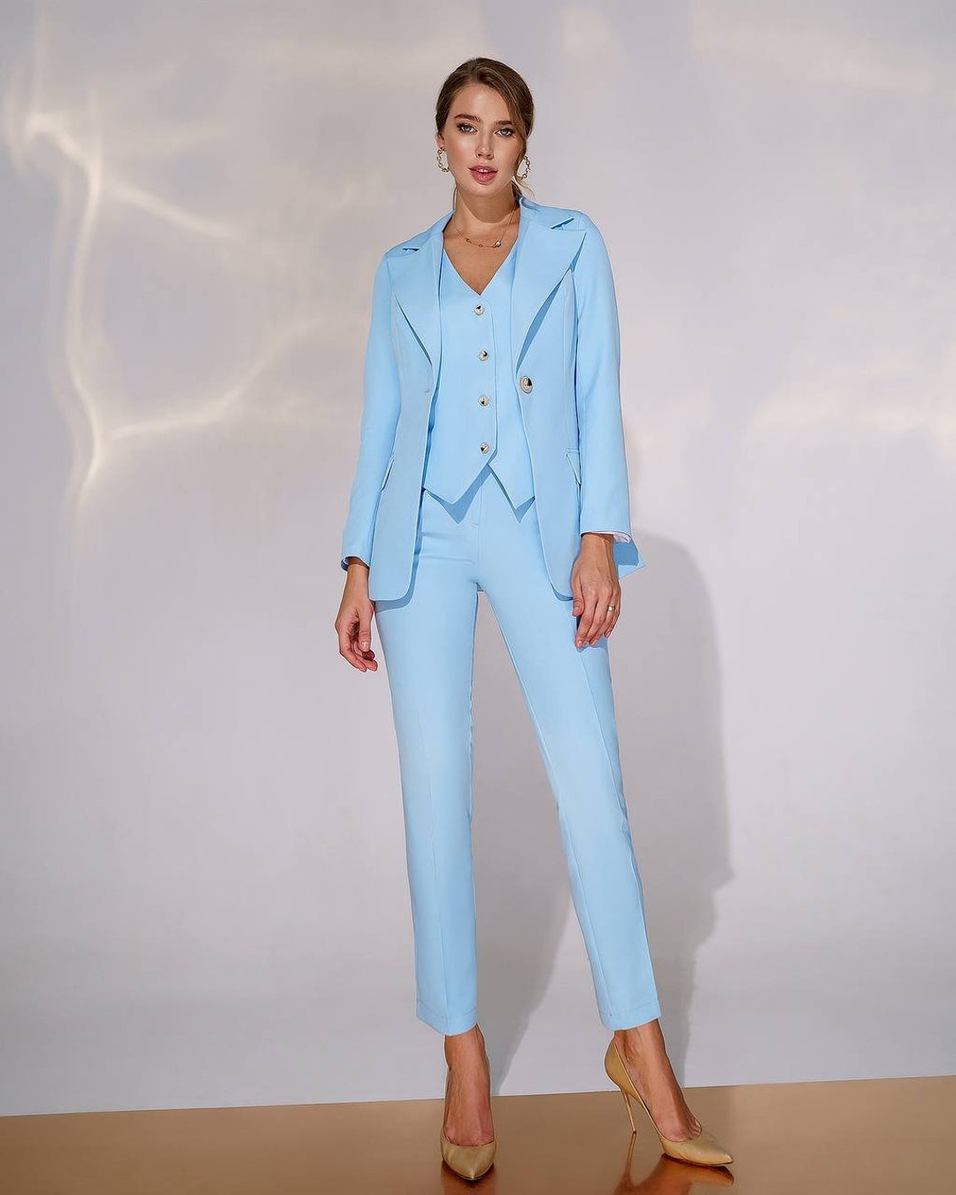 Light Blue Womens Blazer Suit, 3-piece Womens Pantsuit Set, Blue Blazer ...