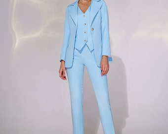 Light Blue Womens Blazer Suit, 3-piece womens Pantsuit set, Blue Blazer Trouser Suit for Women, Blazer Suit Set for Ladies