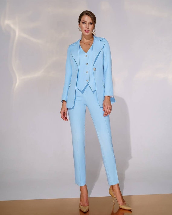 Hellblauer Damen Blazer Anzug, 3-teiliges Damen Hosenanzug Set
