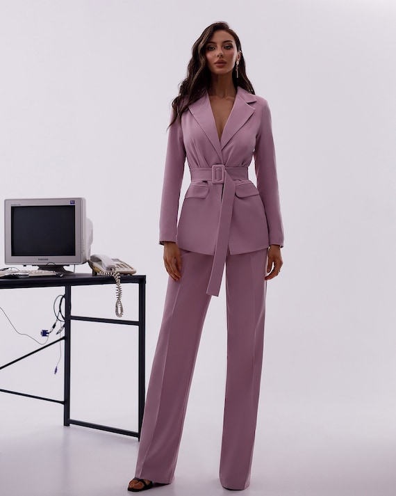 Tailleur Completo Donna Set Ufficio Giacca Blazer Pantaloni Slim Rosa Viola